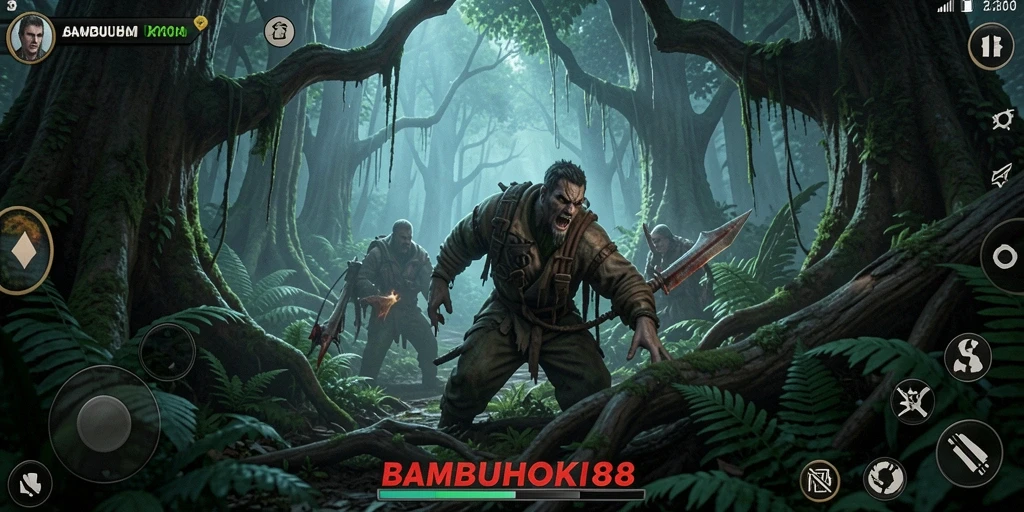 Tampilan gameplay <strong>BAMBUHOKI88</strong> yang menegangkan di tengah kegelapan hutan.