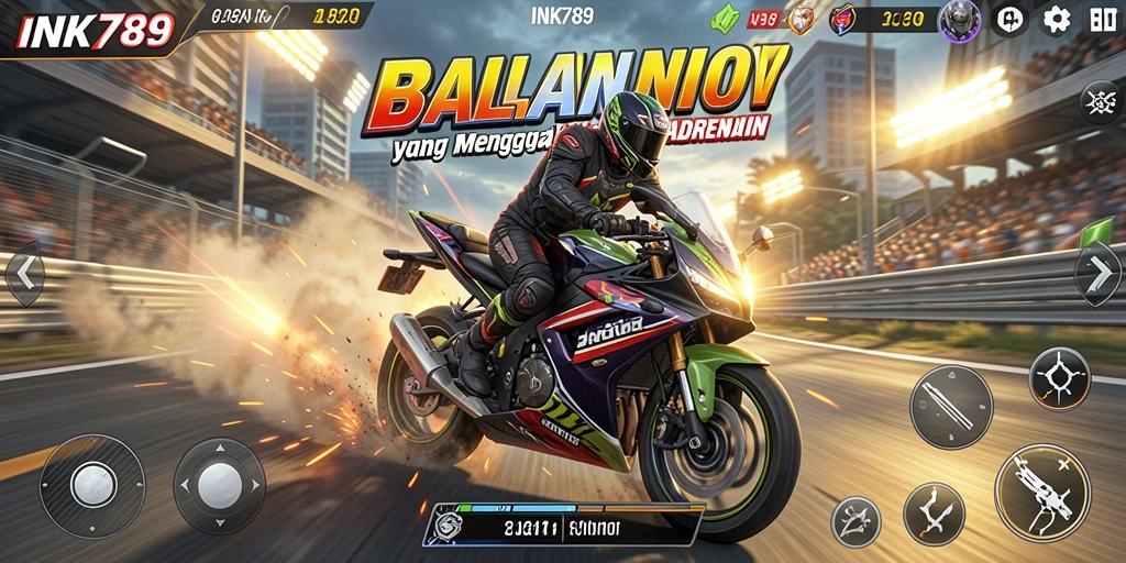 Screenshot utama INK789 menampilkan aksi balapan motor yang mendebarkan.