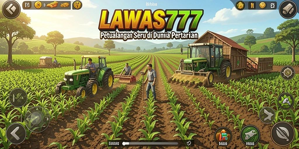 Tangkapan layar gameplay LAWAS777 yang menampilkan ladang subur dan aktivitas petani.